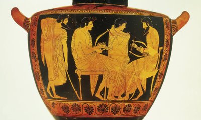 Ceramica a figure rosse, idria attica di Phintias che ritrae una lezione di musica da Greek