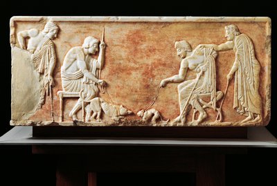 Stele che raffigura lotta tra cane e gatto, 510 a.C. (rilievo) da Greek