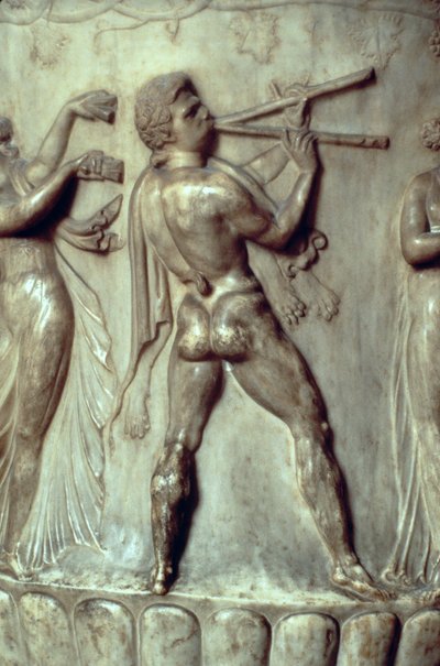 Il Cratere Borghese o Vaso, (dettaglio) del rilievo che raffigura un uomo che suona il doppio flauto, Neo-Attico, c.40-30 a.C. da Greek