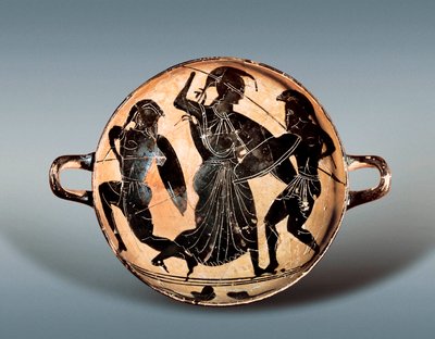 Guerra di Troia: Dea Atena che lotta tra Ettore e Achille. VI secolo a.C. Kylix (coppa da bere) con figure nere in ceramica, Museo Archeologico della Catalogna, Barcellona. da Greek