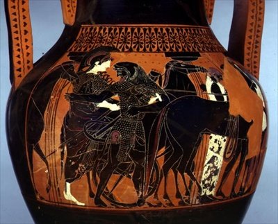 Anfora a figure nere decorata con una scena di Eracle che assiste Atena (dettaglio), VI-V secolo a.C. (ceramica) da Greek
