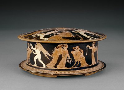 Pyxis a figure rosse attiche decorata con donne ed eroti o cupidi, vicino al pittore di Meidias, fine del V secolo a.C. da Greek School