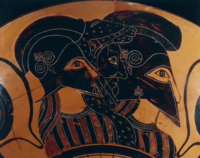 Dettaglio di vaso greco a figure nere che raffigura tre guerrieri con elmi da Greek School