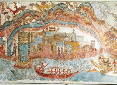 Affresco che raffigura una processione navale da Akrotiri, Isola di Thera, Santorini, Grecia (dettaglio) da Greek School