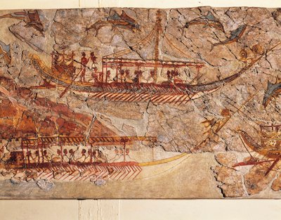 Affresco che raffigura una processione di navi, da Akrotiri, Isola di Thera, Santorini, Grecia, dettaglio, navi da Greek School