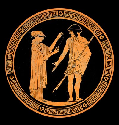 Conversazione galante, decorazione di una ceramica con figure rosse. V secolo a.C. da Greek School