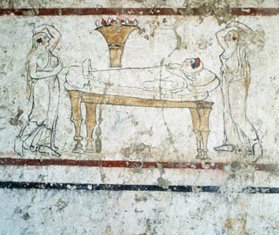 Necropoli di Gaudo, affresco lucano della tomba raffigurante il defunto sul letto di morte, 340 a.C. da Greek School