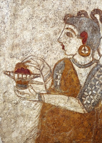 Civiltà greca, affresco che raffigura una sacerdotessa che brucia incenso, da Akrotiri, Isola di Thera, Santorini, Grecia da Greek School