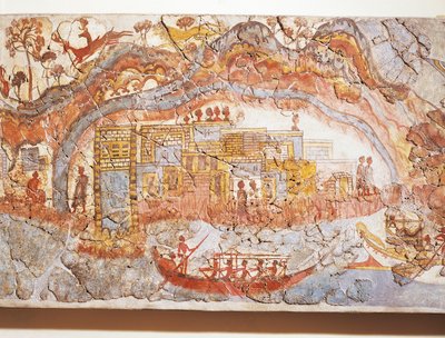 Civiltà greca, affresco raffigurante processione navale, da Akrotiri, Isola di Thera, Santorini, Grecia da Greek School