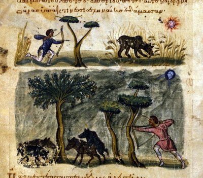 Caccia al cinghiale secondo il manoscritto greco di Oppiano De Venatione XIII secolo da Greek School
