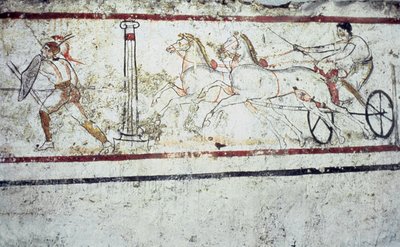 Affresco tombale lucano raffigurante un gladiatore e un uomo su un carro, Paestum 350-330 a.C. da Greek School