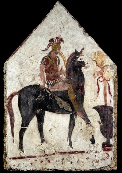 Lastra dipinta, il cosiddetto cavaliere nero, da Paestum, Andriuolo, tomba 58 da Greek School