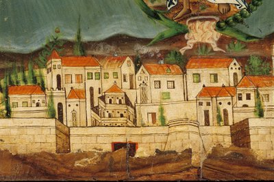 Mantovana che raffigura la Rinascita della Grecia, dettaglio di Costantinopoli, da Syros, Cicladi (tempera all