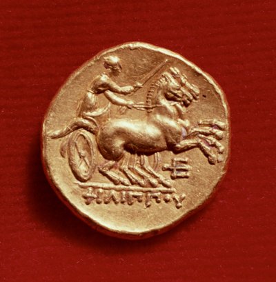 Retro di uno statere di Filippo II (382-336 a.C.) di Macedonia raffigurante un auriga, 356-336 a.C. (oro) da Greek School