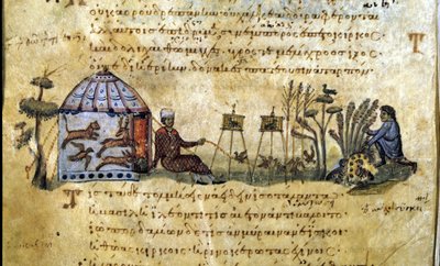 La caccia agli uccelli al richiamo. Manoscritto greco di Oppiano De Venatione da Greek School