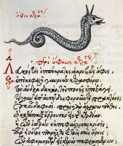 Trattato sul Basilisco, testo e miniatura da De animalium natura et proprietate libellus di Eliano da Greek School