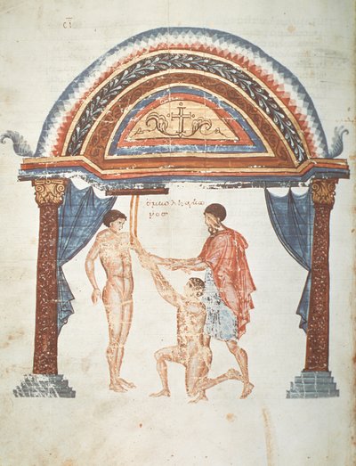 Trattamento di una dislocazione, da un commento di Apollonio di Cizio (I secolo a.C.) sul trattato ippocratico Sulle Articolazioni da Greek School