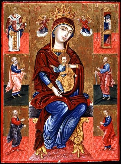 Vergine di Skopiotisa in trono con Cristo e sei santi, c.1700 da Greek School