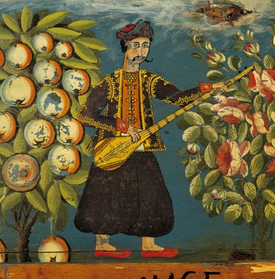 Dettaglio di un musicista da un baule, da Mitilene, Lesbo, XVIII-XIX secolo (tempera all