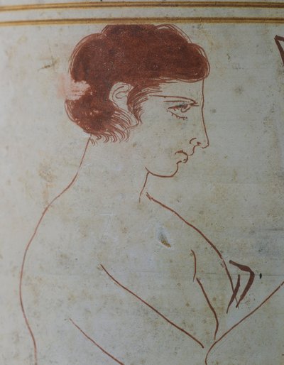Lekythos attico, scena funebre di un guerriero seduto davanti alla sua tomba, 420-410 a.C., attribuito al Pittore Parrhasio di Efeso, ceramica a fondo bianco di Atene, Grecia. (dettaglio) da Greek School