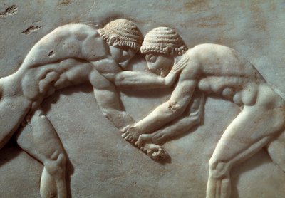 Competizione tra atleti, rilievo dalla Necropoli di Kerameikos ad Atene, Grecia, Dettaglio, civiltà greca, VI secolo a.C. da Greek School