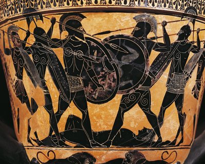 Civiltà greca, ceramica a figure nere, cratere che raffigura la lotta per il corpo di Patroclo, da Farsala, Grecia da Greek School