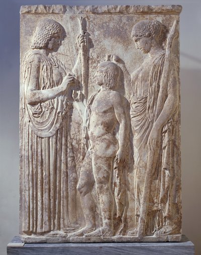 Bassorilievo in marmo raffigurante la Triade dei Misteri Eleusini con Persefone, Demetra e Trittolemo, da Eleusi da Greek School