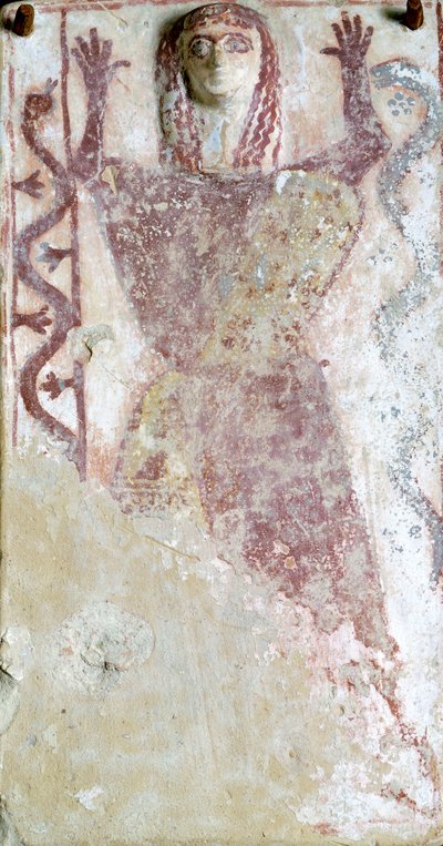 Pittura policroma su pinax e rilievo raffigurante una divinità femminile con serpente dall