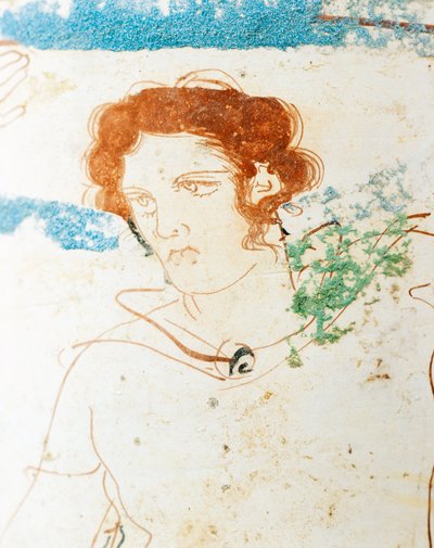 Ceramica a fondo bianco, lekythos attica raffigurante scena funeraria con guerriero davanti alla tomba (dettaglio) da Greek School
