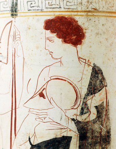 Lekythos attico con scena funeraria con guerriero davanti alla tomba (dettaglio) da Greek School