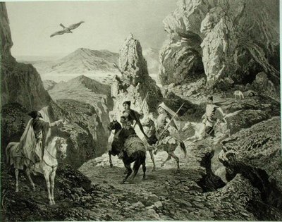 Una Caccia al Falcone vicino a Yerevan, Armenia, tavola 20 da un libro sul Caucaso, inciso da Eugene Ciceri (1813-90) e Adolphe Jean-Baptiste Bayot (1810-66), pubblicato da Alfred Leon Lemercier, Parigi da Grigori Grigorevich (after) Gagarin