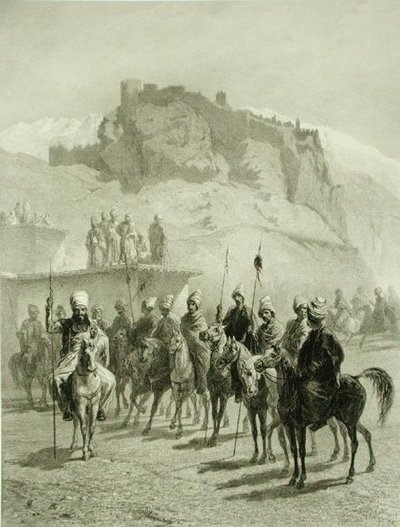 Castello di Atskhour, Akhaltsik, tavola 10 da un libro sul Caucaso, inciso da Adolphe Mouilleron, pubblicato da Alfred Leon Lemercier, Parigi da Grigori Grigorevich (after) Gagarin