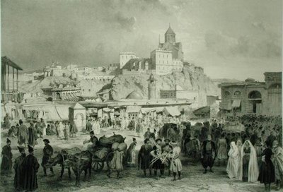 Il Bazar in Piazza Maidan, Tiflis, Georgia, tavola 25 da un libro sul Caucaso, inciso da Adolphe Jean-Baptiste Bayot (1810-66) e Eugene Ciceri (1813-90), pubblicato da Alfred Leon Lemercier, Parigi da Grigori Grigorevich (after) Gagarin