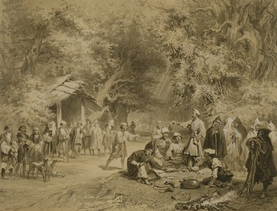 Fine della caccia, Mingrelia, tavola 6 da un libro sul Caucaso, inciso da Adolphe Mouilleron, pubblicato da Alfred Leon Lemercier, Parigi, 1847 da Grigori Grigorevich Gagarin