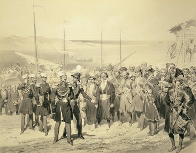 Sbarco di un leader militare a Redout-Kale, sul Mar Nero, tavola 5 da un libro sul Caucaso, inciso da Adolphe Jean-Baptiste Bayot, pubblicato da Alfred Leon Lemercier, Parigi da Grigori Grigorevich Gagarin