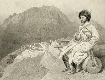 Veduta di Ghimri e ritratto di Hadji-Mourad, tavola 66 da un libro sul Caucaso, inciso da Jules Joseph Augustin Laurens e Eugene Ciceri, di Adolphe Mouilleron da Grigori Grigorevich Gagarin