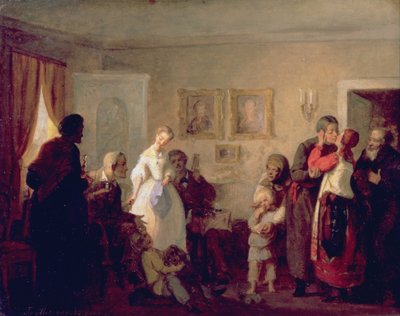 Congratulazioni ai novelli sposi in una casa padronale, 1860 da Grigori Grigorievich Mjasoedov