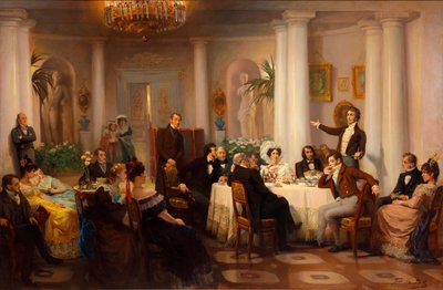 Pushkin e i suoi amici ascoltano Adam Mickiewicz nel salone della Principessa Zinaida Volkonskaya, 1899 da Grigori Grigorievich Mjasoedov