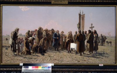 Contadini russi e un prete ortodosso che pregano durante un periodo di siccità. da Grigori Grigoryevich Myasoedov