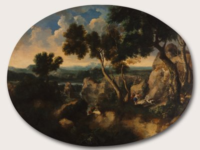 Paesaggio roccioso con cacciatori da Gu Tianzhi
