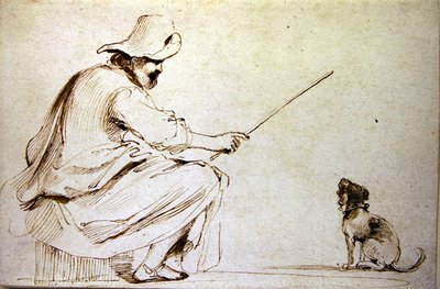 Un uomo seduto che addestra un cane da Guercino