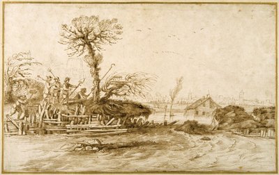 Un fiume in piena e contadini con asce e altri attrezzi da Guercino
