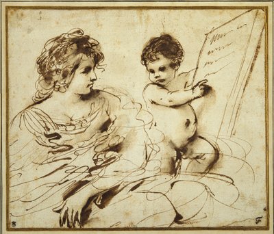 Una Sibilla seduta accompagnata da un putto che tiene una grande tavoletta iscritta da Guercino