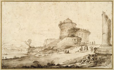 Paesaggio con una colonna rotta, un castello e numerose figure in primo piano a destra da Guercino