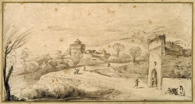 Paesaggio con una torre merlata e una strada tortuosa da Guercino