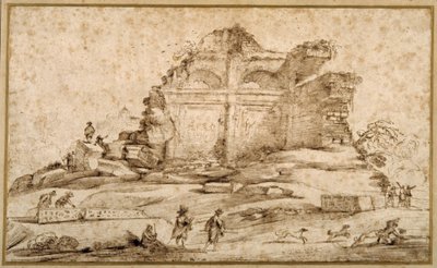 Paesaggio con rovine classiche e un giovane attaccato da cani da Guercino