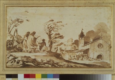 Paesaggio con figure vicino a una chiesa da Guercino