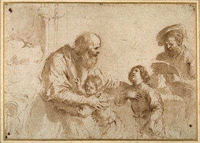 Due ragazzi confortati da un anziano barbuto, mentre un altro uomo barbuto di mezza età legge un libro da Guercino