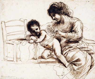 Una madre e un bambino accanto a una sedia da Guercino