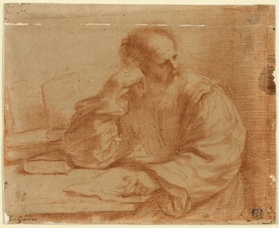 Uomo barbuto seduto al tavolo da Guercino